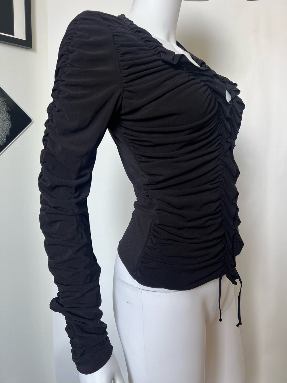 Cache Black Ruched Lace-Up Corset Top Ruffle Trim Long Sleeve Y2K Medium - Picture 6 of 6